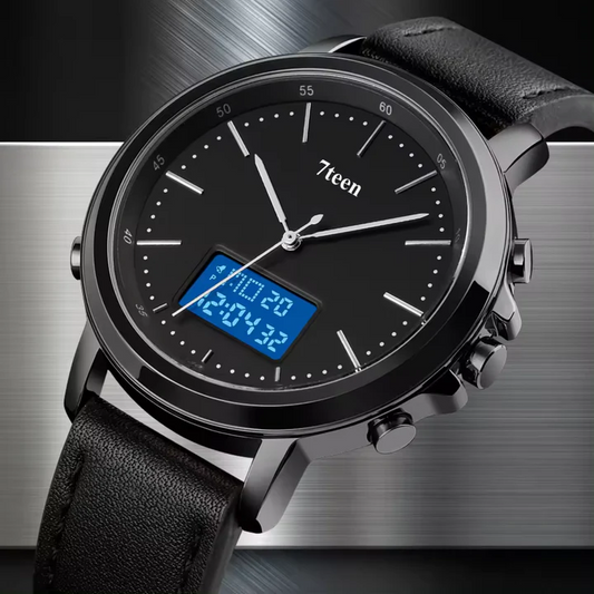 SKMEI 1652 Business Class Watch with genuine Leather Strap - Analog & Digital Combo